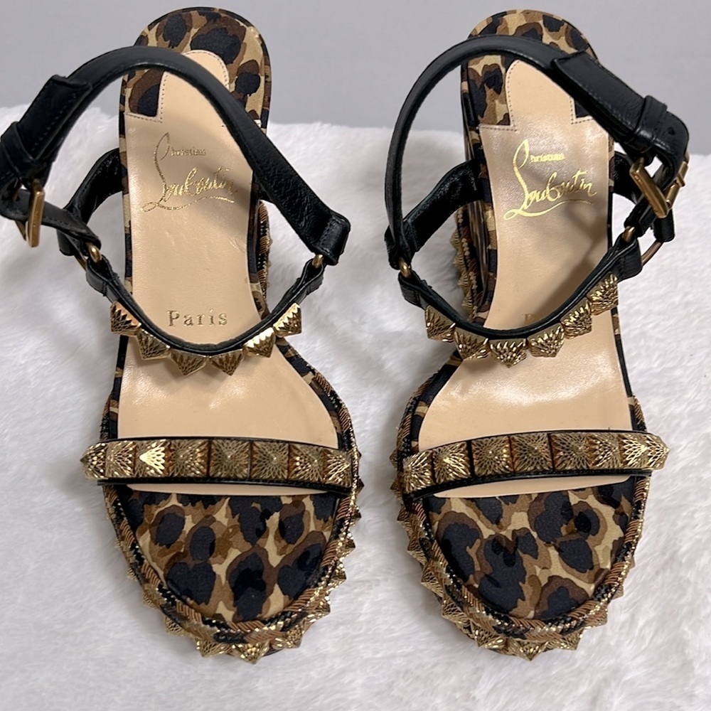 Christian Louboutin Nappa Leopard Pira Ryad 110 Wedge Sandal Black Marron 35 - Picture 3 of 13
